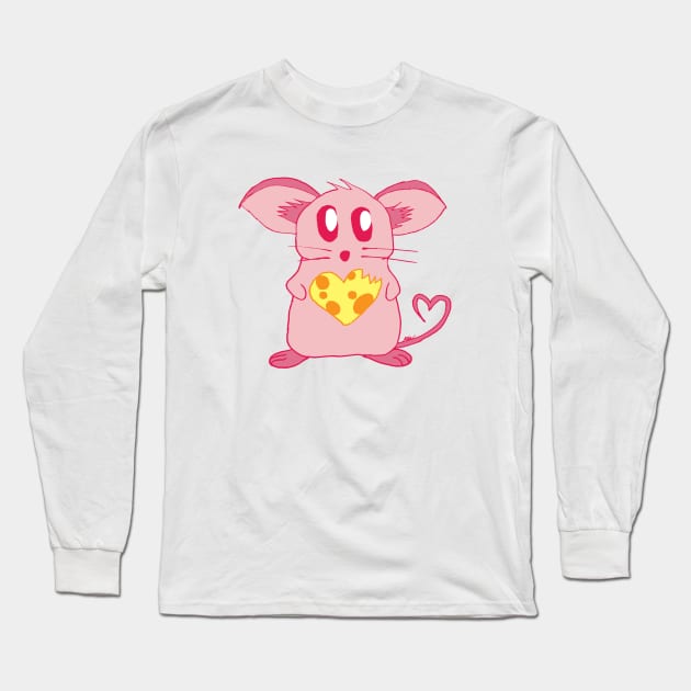 Cute Pink Mouse With Cheese Heart Long Sleeve T-Shirt by TintedRed